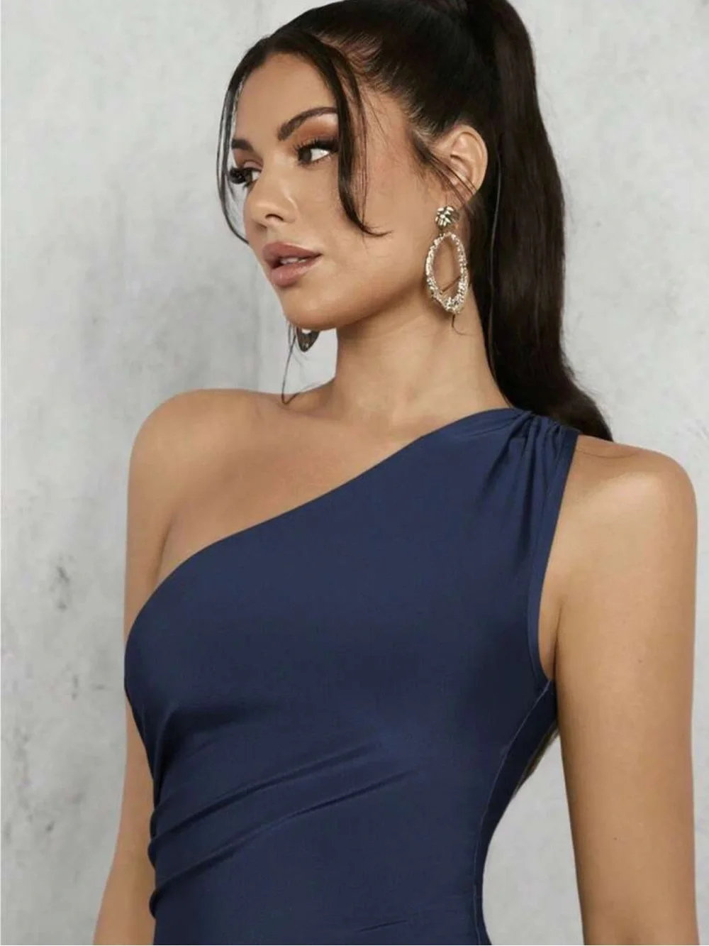 One-Shoulder Navy Evening Gown